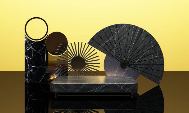 Rendement 3D podium noir utilisé pour un produit supplémentaire, Style minimal avec forme géométrique en couleur noire et fond jaune - Photo, image