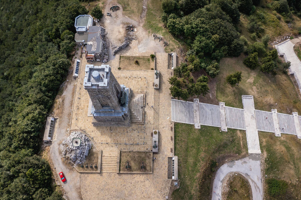 Drone photo of Freedom Monument on a Mount Stoletov on Shipka Pass in Bulgaria - Photo, Image