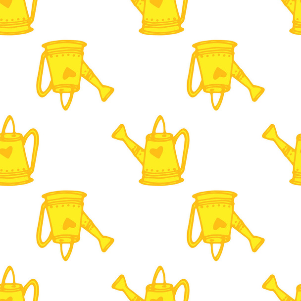 Vector pattern of yellow garden watering can. a fun seamless pattern of a yellow garden watering can drawn in doodle style with a heart in flat style often on white for a garden spring design template. Agriculture farm - ベクター画像