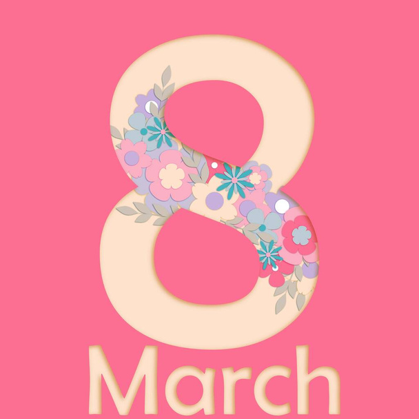 cartão para o Dia da Mulher, 8 de março, flores no estilo de papel cortado, rosa - Vetor, Imagem