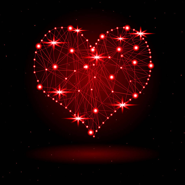Vector, Stylized Image of a Heart, Made Up of Intersecting Rays and Luminous Balls in Red Tones, Hanging in Space Against a Starry Dark Background. Dedicated to Valentine's Day - Vector, Imagen