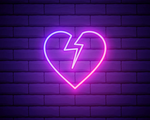 Broken heart neon light icon. Heartbreak glowing sign. Beak up. Vector illustration isolated on brick wall. - Vektor, obrázek