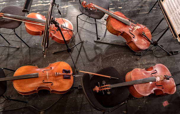 Gli strumenti musicali violino sono nella sala dell'orchestra. In attesa dei musicisti prima delle prove. - Foto, immagini
