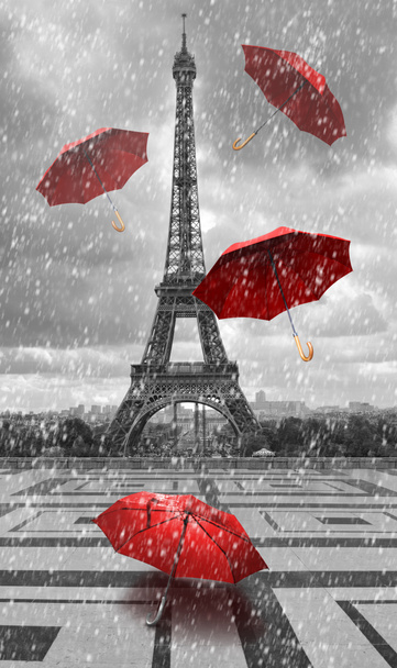 Torre Eiffel com guarda-chuvas voadores
.  - Foto, Imagem