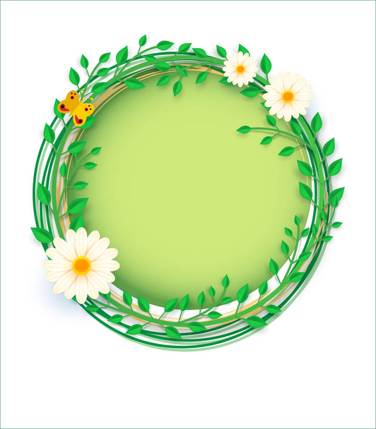 Spring composition in a round frame, leaves and flowers. Place for your text. - Вектор,изображение