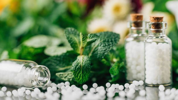 Homeopathy Close Up. Homeopathic pills in bottles, background decorated with fresh green herbs and flowers. - Fotografie, Obrázek