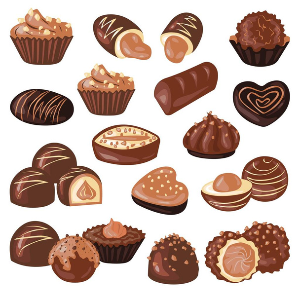 A set of chocolates of various flavors. Vector illustration isolated on white background. For postcards, invitations, shop, cafe, banner, advertising. - Vektor, Bild