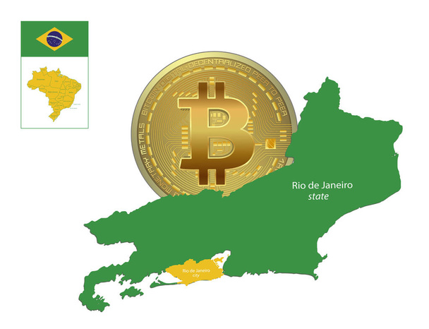 Rio de Janeiro map and city with Bitcoin coin, Brazil map and regions names vector - Vector, Image
