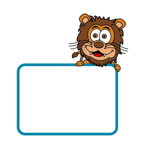 Lion mignon avec crinière brune et tenant un panneau publicitaire avec une bordure bleue - Vecteur, image