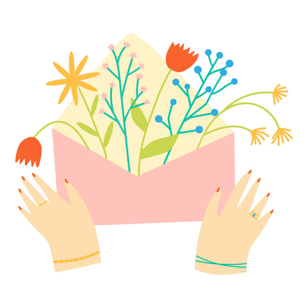 Female hands holding the envelope with bouquet of flowers inside. - Vector, afbeelding