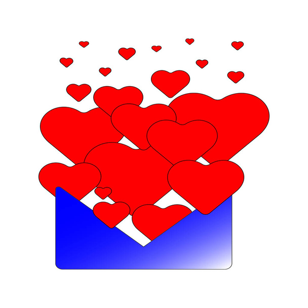 Piros szívek repülnek ki egy kék borítékból - Vektor, kép