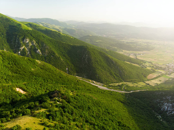 Aerial evening view of Sibylline Mountains, one of the major mountain groups of italic peninsula. Monti Sibillini National Park, Umbria, Italy. - 写真・画像