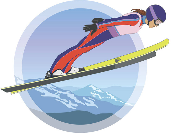Salto con gli sci, sciatrice in mezzo al salto braccia in posizione a V con montagne innevate sullo sfondo - Vettoriali, immagini