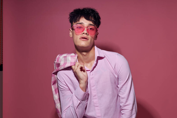 handsome guy plaid blazer pink glasses fashion modern style isolated background unaltered - Φωτογραφία, εικόνα