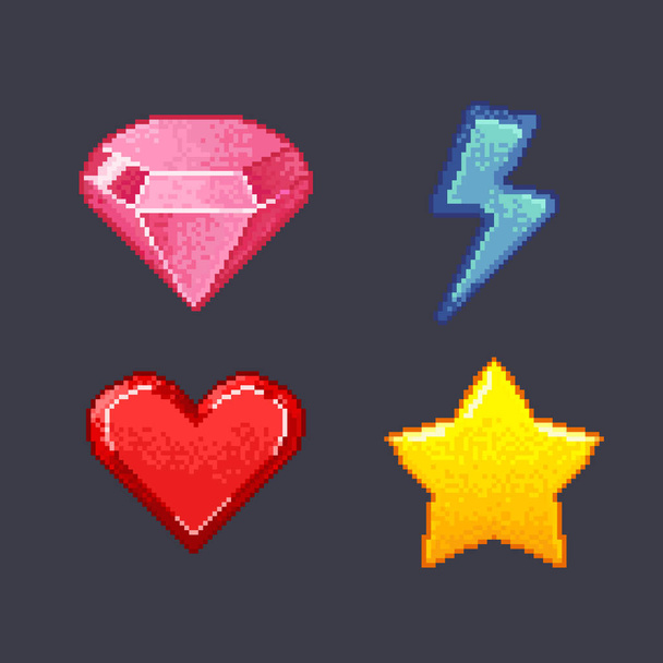 Set of minimalistic pixel vector objects isolated. Minimalistic pixel art symbols star, lightning, heart, diamond. - Вектор, зображення