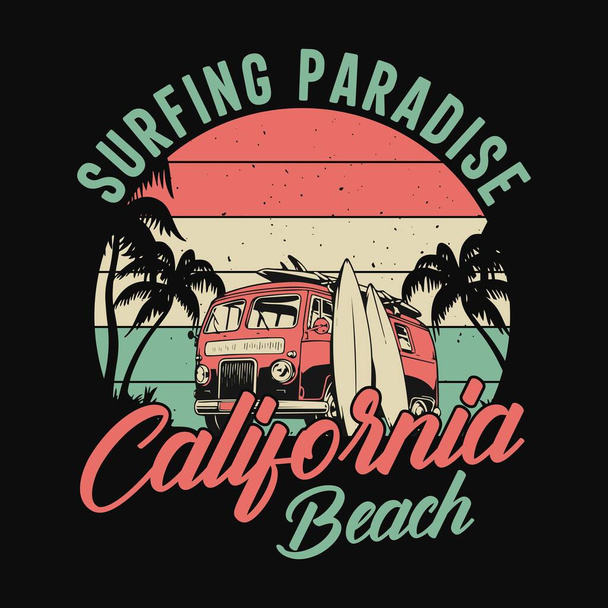 Surfing paradise California Beach - Diseño de camiseta de playa de verano, gráfico vectorial - Vector, imagen