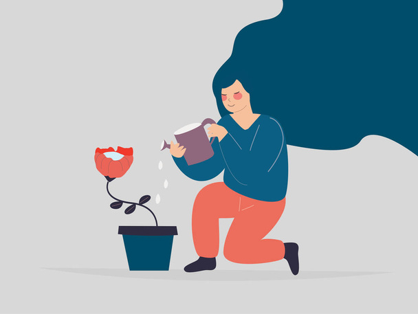 Woman watering a flower in the pot. Girl gardener grows a rose. Female takes care of a plant. Green economy, earth day, green planet forestation, Mental health, wellbeing concept. Vector illustration. - ベクター画像