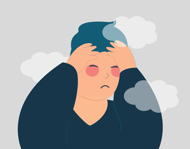 Depressed Young man with a clouded mind feels sad. Stressed teenager male suffers from Alzheimer or temporary memory loss. Mental health disorders, anxiety, depression concept. Vector illustration. - Wektor, obraz