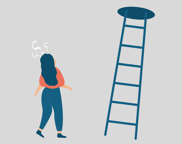 Girl thinks to make a decision about the next step to take in the future. Young woman looks confused, stands next to the stairs and looks to the top . Difficult choice making, doubt, life opportunity. - Vettoriali, immagini