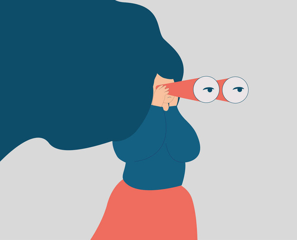 A young woman with flying hair looks through her big binoculars, looking for something far or watching someone. A girl is spying or people closely. espionage, exploration concept. Vector illustration. - Vetor, Imagem