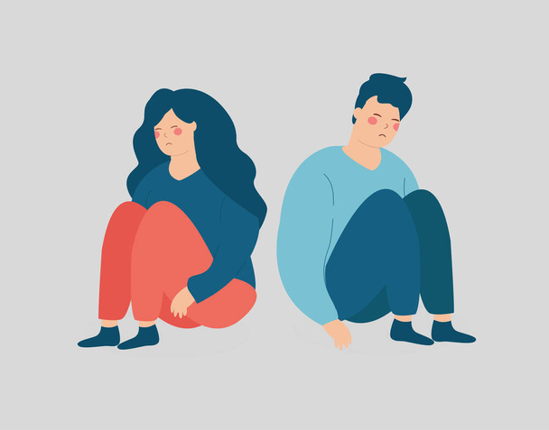 Young woman and man on the brink of breakup or divorce. Couple sitting back to back and without speaking. Two friends argue and quarrel look sad. Relationship difficulty, family crisis concept. - Vector, Imagen