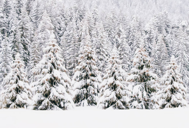 Egy téli lucfenyő erdő. 3D illusztráció. Olajfestmény utánzása. - Fotó, kép