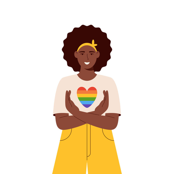 El mes del orgullo LGBT. Sonriente mujer de moda abrazar corazón lgbt. Mujer apoyo comunidad lgbt. Celebración del mes del orgullo contra la violencia, la discriminación, los derechos humanos. Banne - Vector, Imagen