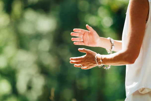 Woman Practicing Tai Chi Chuan Outdoors. Close Up On Hand Position - Photo, Image