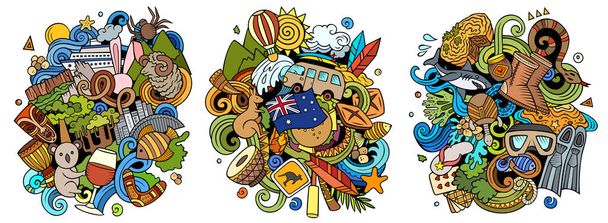 Αυστραλία καρτούν raster doodle σχέδια που. Πολύχρωμες λεπτομερείς συνθέσεις με πολλά παραδοσιακά σύμβολα. Απομονωμένα σε λευκές εικόνες - Φωτογραφία, εικόνα