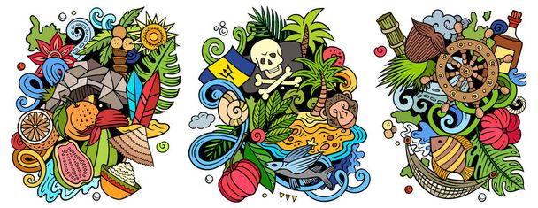 Barbados dibujos animados raster doodle diseños conjunto. Coloridas composiciones detalladas con muchos símbolos tradicionales. Aislado sobre ilustraciones en blanco - Foto, Imagen