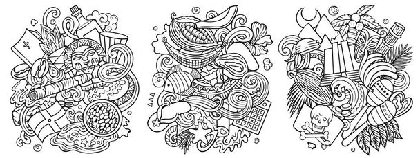 Δομινικανή Δημοκρατία καρτούν raster doodle σχέδια που. Γραφικές λεπτομερείς συνθέσεις με πολλά παραδοσιακά σύμβολα. Απομονωμένα σε λευκές εικόνες - Φωτογραφία, εικόνα