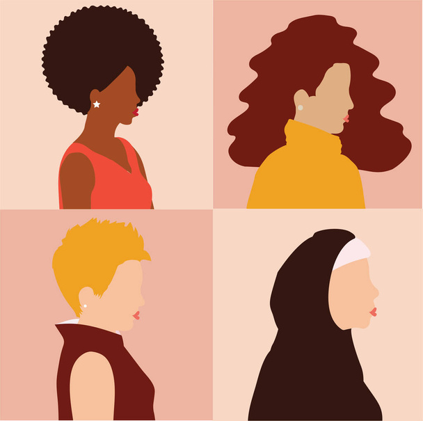 International woman, mother day banner from different ethnicity, cultures. Strong entrepreneur females from multicultural backgrounds. Women's empowerment festive, gender equality concept, solidarity. - Vector, imagen
