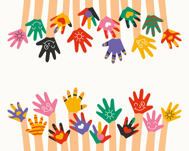 Πολύχρωμα ζωγραφισμένα χέρια μικρών παιδιών - Διάνυσμα, εικόνα