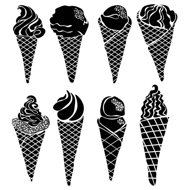 Ice cream cone silhouettes set, various cold desserts with and without toppings vector illustration - Vector, Image