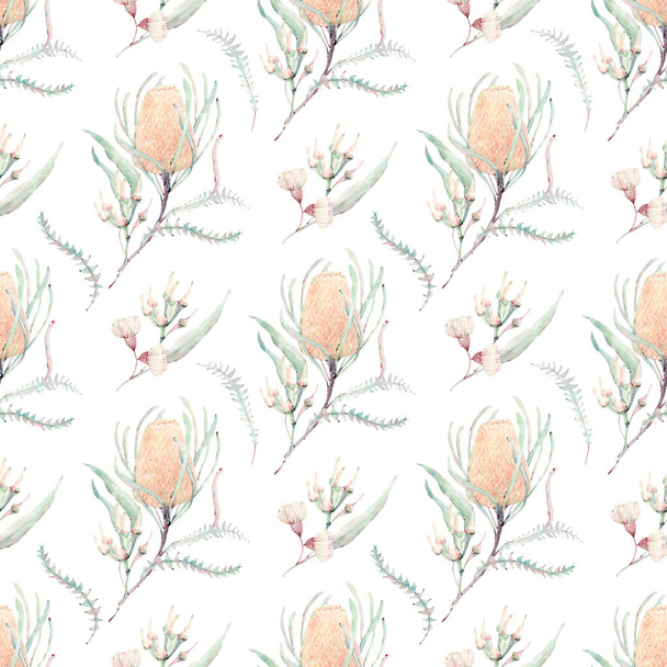 watercolor aussie flowers seamless pattern. Watercolour decoration pattern. Vintage watecolour background. Perfect for wallpaper, fabric design, wrapping paper, digital paper. - Photo, image