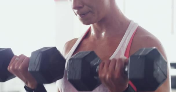 Results start with having discipline. 4k video of a sporty young woman lifting weights at the gym. - Materiał filmowy, wideo
