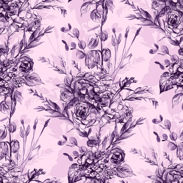 Цветочный узор в оттенках розового и синего с винтажным букетом гортензий и роз - Фото, изображение