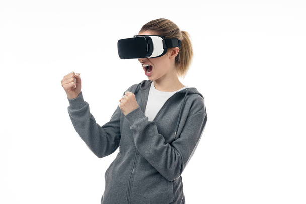 Crazy woman in VR glasses ready for flight - Foto, Imagem