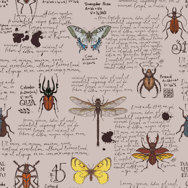 Seamless pattern with various insects and handwritten latin text Lorem Ipsum. Colored hand-drawn butterflies, beetles, dragonfly on beige backdrop. Vector background, wallpaper, wrapping paper, fabric - Vector, Imagen