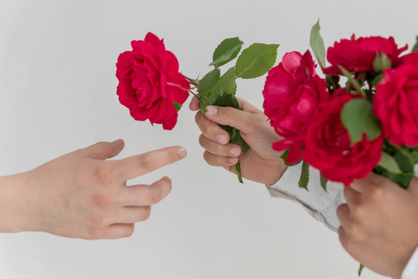 boy's hands hold bouquet of red roses and gives one rose to girl, greetings concepts, loves and valentines day - Photo, Image