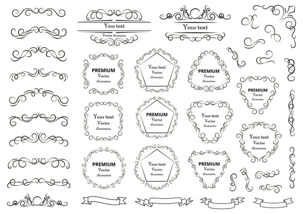 Kalligráfiai tervezési elemek. Dekoratív örvények vagy tekercsek, vintage keretek, virágzik, címkék és elválasztók. Retro vektor illusztráció - Vektor, kép