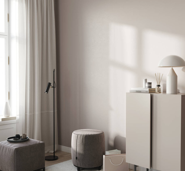 Lehký minimalistický interiér s truhlicí zásuvek a sáčků na pozadí prázdné stěny. Boční pohled. 3D vykreslování, 3D ilustrace   - Fotografie, Obrázek
