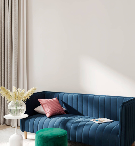 interior de uma sala de estar com um sofá azul, uma pufe e uma mesa contra o fundo de uma parede de luz vazia. Vista lateral. 3D renderização, ilustração 3d   - Foto, Imagem