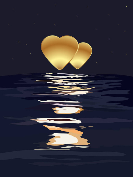 vector illustration depicting a lunar landscape on the sea depicting a pair of hearts instead of the moon for the design of postcards, banners and interiors in a romantic style - Vector, Image