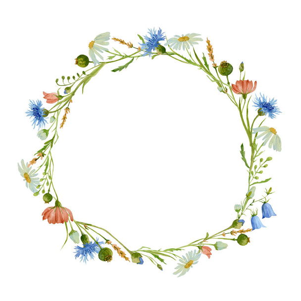 Watercolor Floral Wreath with wild herbs - Фото, изображение