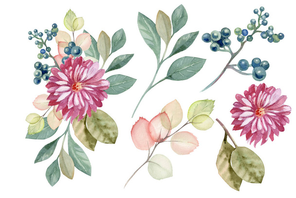 watercolor illustration of autumn flowers for wedding, invitations, postcards, set - Фото, изображение