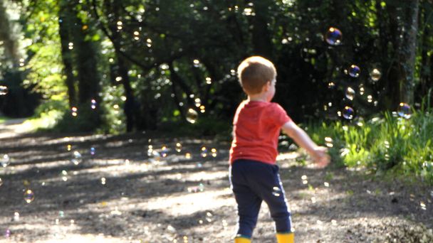 Un niño persiguiendo burbujas de jabón en un bosque - Foto, Imagen