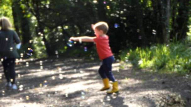 Дитина переслідує мильні бульбашки в лісі. - Фото, зображення