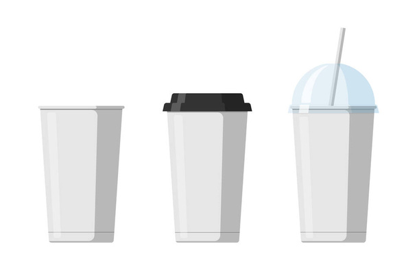 Plantillas de taza de bebidas de papel desechables para café, soda o cóctel con tapa hemisférica negra y transparente. Blanco en blanco gran cartón refrescos empaquetado colección vector ilustración - Vector, imagen