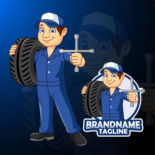 Vector Illustration von Cartoon Automechaniker Mann trägt einen Reifen mit Schraubenschlüssel - Vektor, Bild